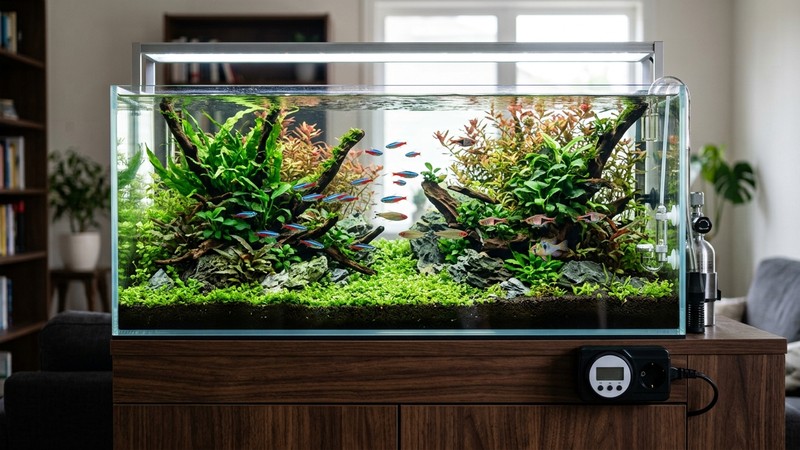 un acuario plantado ya maduro y equilibrado, con agua perfectamente cristalina, peces sanos y un temporizador de luz sobre el mueble