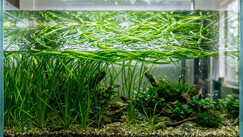 cintas verdes de vallisneria que llegan a la superficie y se extienden flotando sobre el agua formando una cortina viva en un acuario limpio