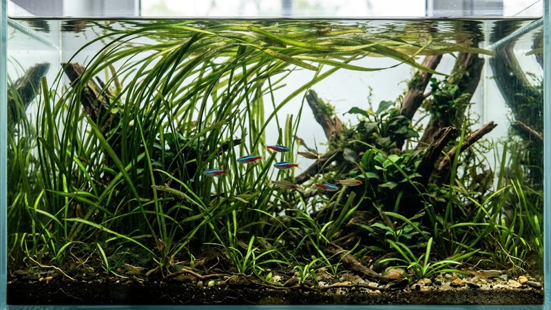 un acuario plantado con vallisnerias de alturas desiguales, unas hojas muy largas y otras cortas, formando una silueta natural despeinada en agua cristalina