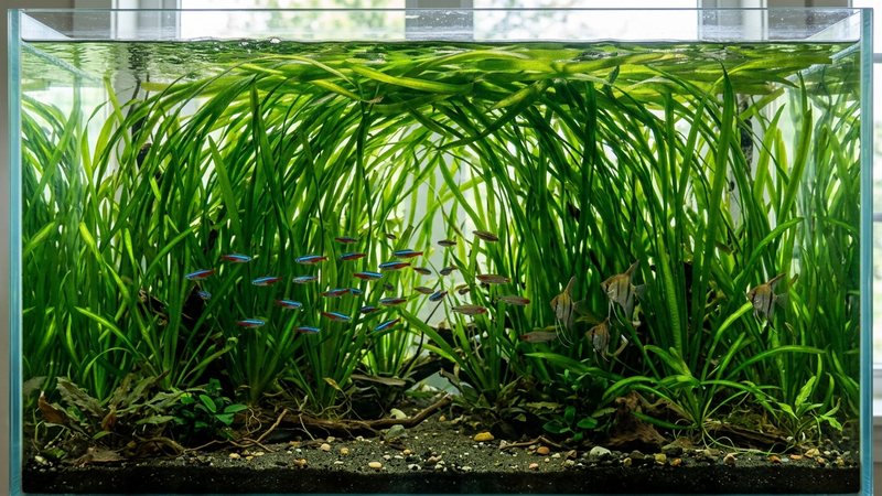 una vallisneria gigante de hojas anchas y muy altas que dan sombra a un acuario grande, formando una selva verde densa en agua cristalina