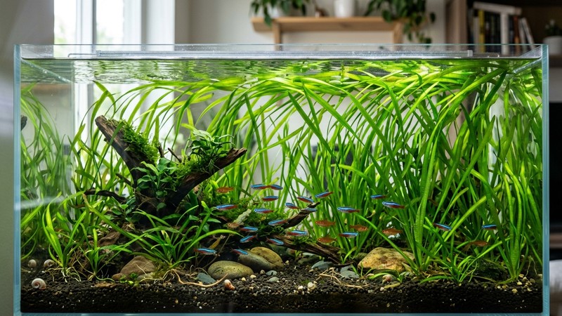 un acuario plantado con vallisnerias sanas y agua muy transparente donde pequeños peces se refugian entre las cintas verdes del fondo