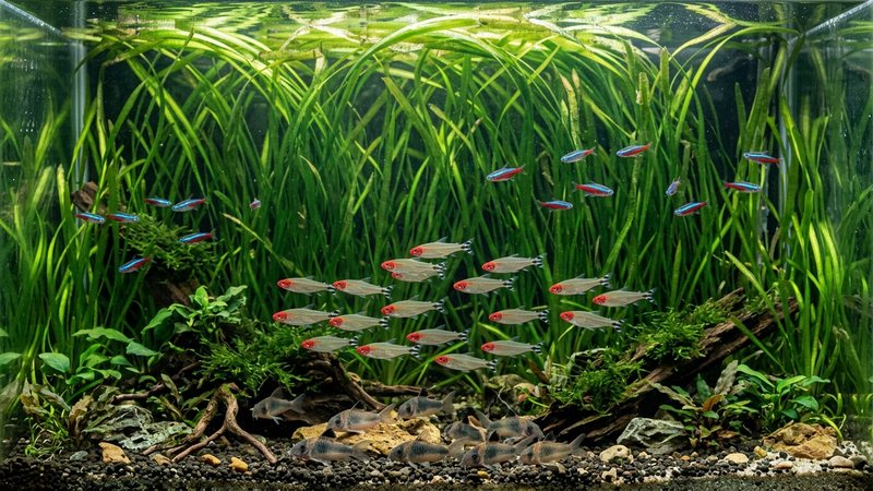 una pared verde de vallisnerias altas en el fondo de un acuario que aporta altura y refugio, con peces sanos nadando delante en agua cristalina