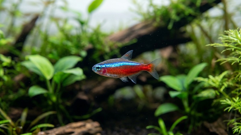 un primer plano de un pez de acuario nadando tranquilo a media agua, con el agua muy clara