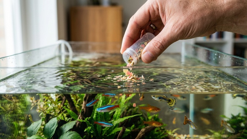 una mano dosificando una pequeña cantidad de comida sobre la superficie de un acuario