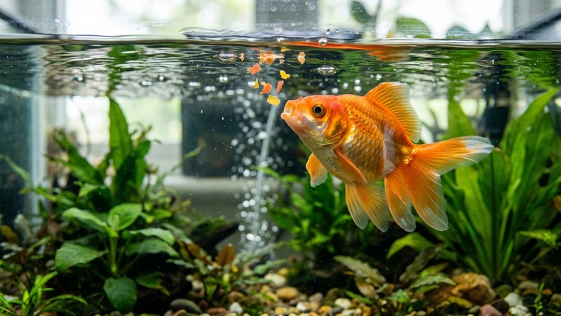 un goldfish acercándose a comer cerca de la superficie del agua de un acuario