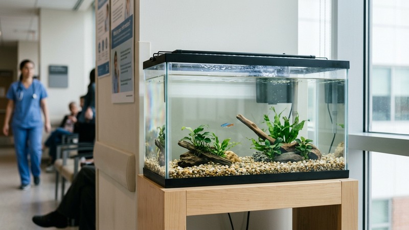 un pequeño acuario hospital limpio con poca agua y un pez tranquilo dentro