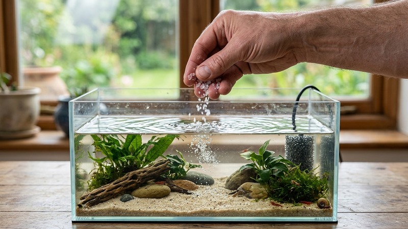 una mano añadiendo cristales de sal al agua de un pequeño acuario de recuperación
