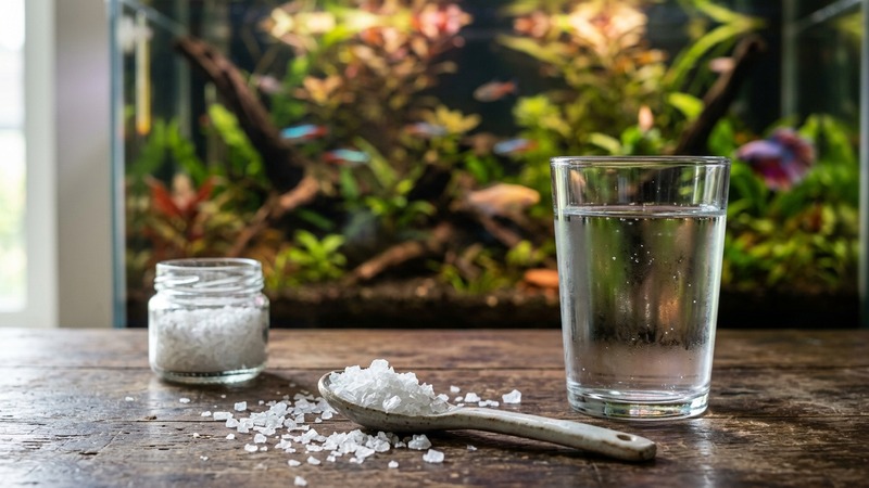 cristales de sal junto a un vaso de agua y un acuario desenfocado al fondo