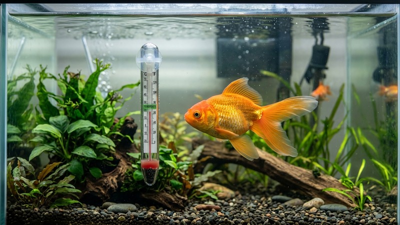 un termómetro sumergido en un acuario templado con un goldfish sano al lado