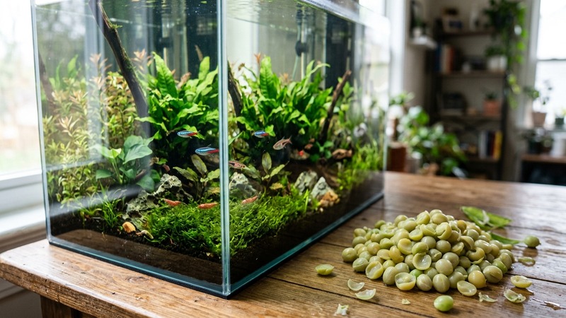 unos guisantes cocidos y pelados junto a un acuario, como alimento suave para peces