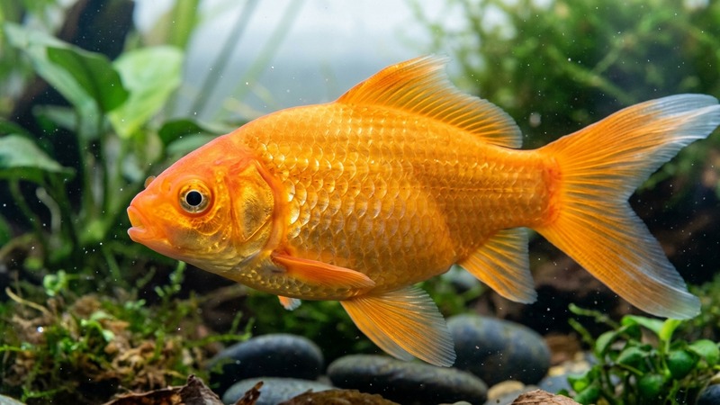 un primer plano de un goldfish sano con las escamas lisas y brillantes en agua clara