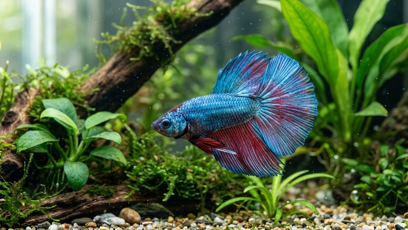 un primer plano de un pez de acuario sano con la piel brillante y las aletas extendidas en agua cristalina