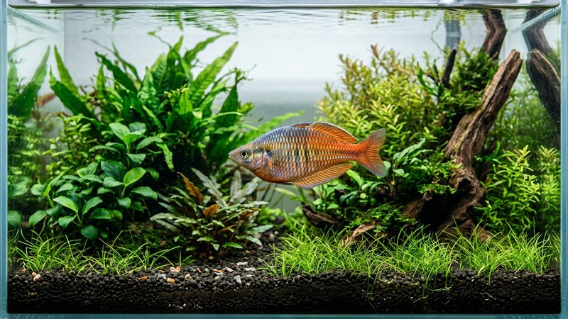 un pez vigoroso de escamas relucientes nadando en un acuario limpio con plantas verdes y agua muy clara