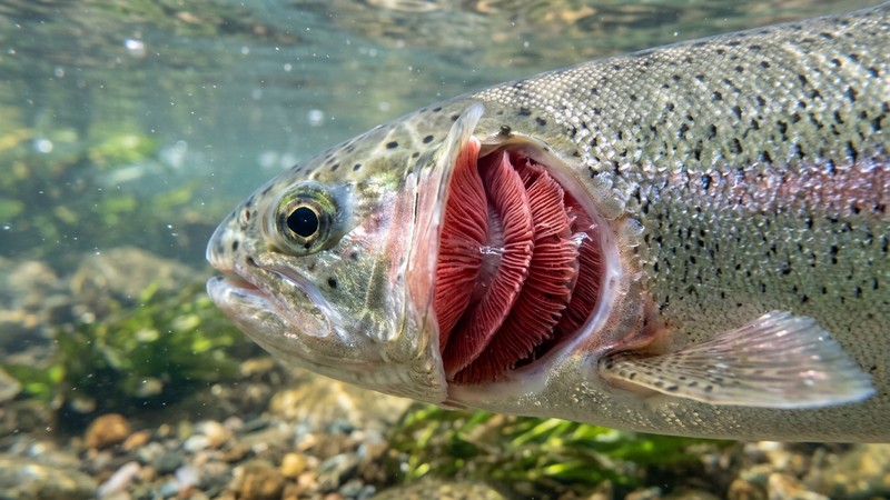 un primer plano de las branquias abiertas de un pez sano respirando tranquilo en agua cristalina