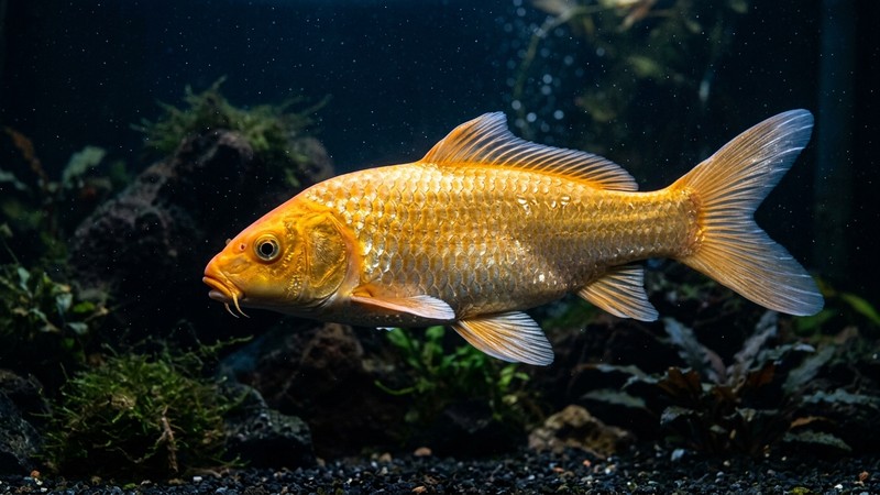 un pez sano con la piel brillante iluminado suavemente de costado sobre un fondo oscuro de acuario