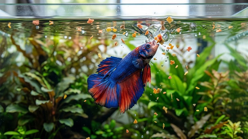 un pez vigoroso comiendo escamas de alimento que caen sobre la superficie de un acuario limpio