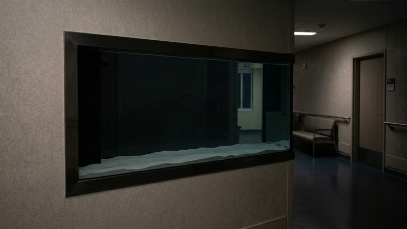 un acuario hospital vacío y limpio con la luz apagada y el agua muy clara en penumbra suave