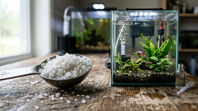 cristales de sal gruesa en reposo sobre una cuchara junto a un pequeño acuario de tratamiento