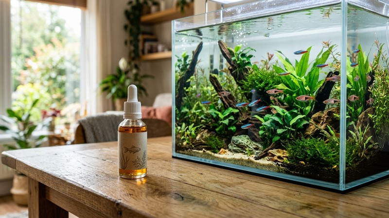 un frasco de tratamiento líquido en reposo sobre una mesa junto a un acuario limpio y cristalino