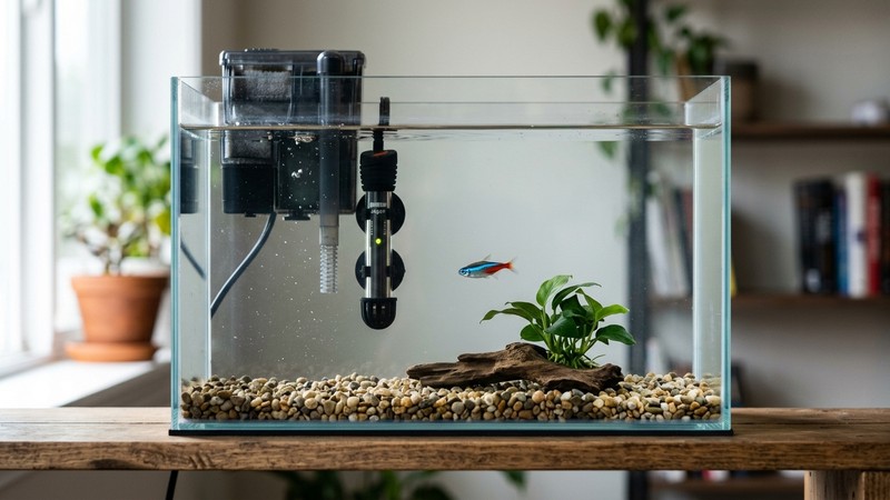 un pequeño acuario de cuarentena limpio con filtro y calentador y un solo pez sano en agua clara