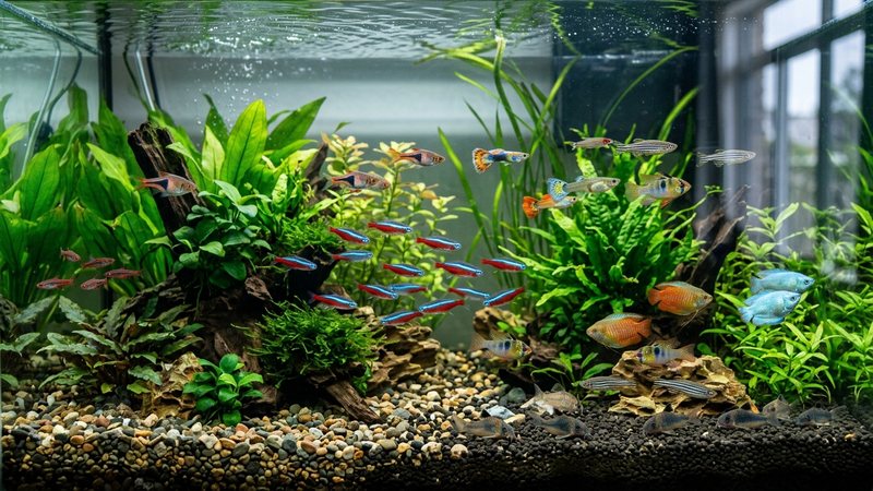 un acuario comunitario sano y equilibrado con varios peces de colores brillantes entre plantas verdes