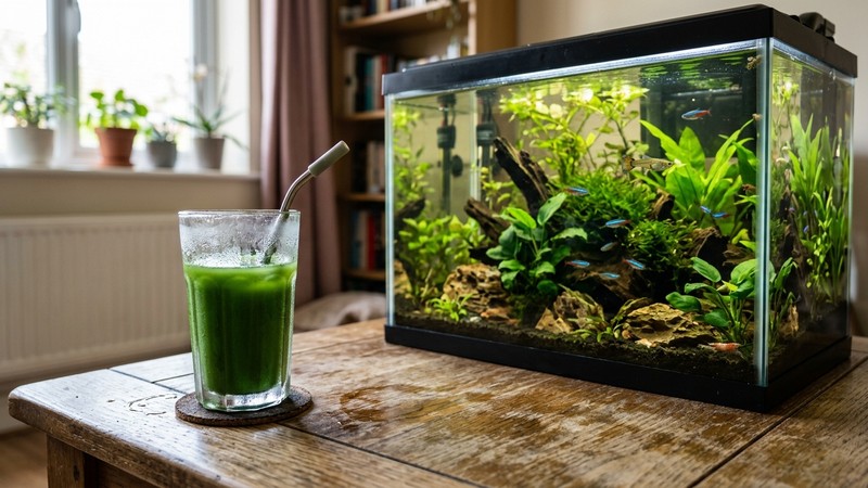 un vaso de vidrio lleno de agua teñida de un verde intenso apoyado sobre una mesa de madera junto a un acuario