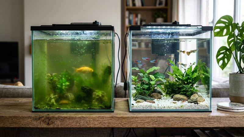 dos peceras pequeñas lado a lado, una con el agua verde y opaca y otra con el agua totalmente cristalina y transparente