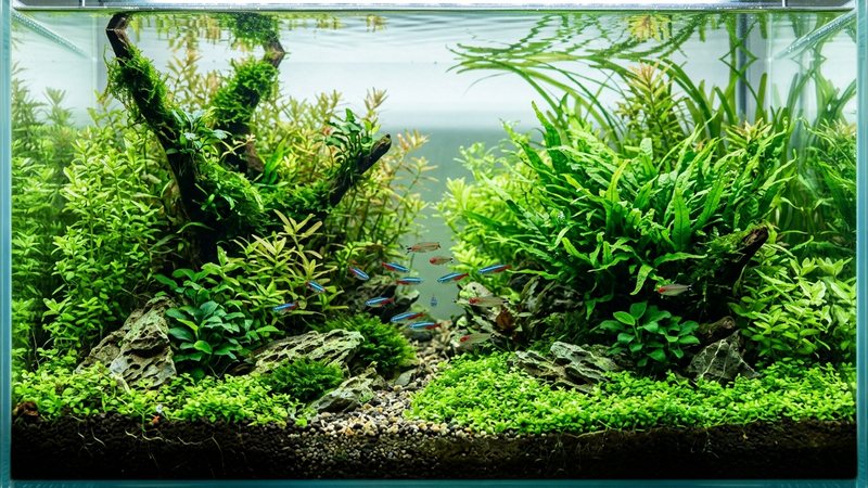 plantas acuáticas verdes y sanas en el fondo de un acuario cristalino recibiendo bien la luz