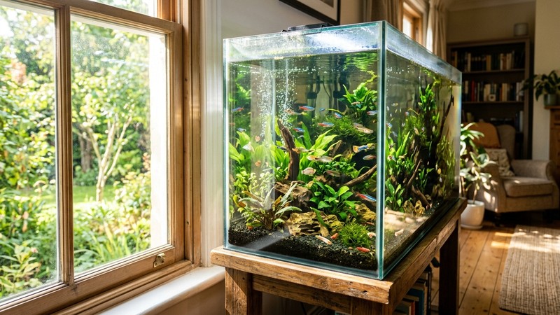 un acuario colocado junto a una ventana con la luz del sol entrando directamente sobre el cristal