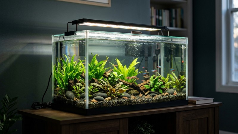 una lámpara LED de acuario encendida sobre la tapa de una pecera de agua clara en una sala tranquila