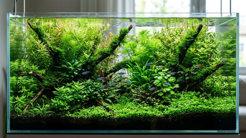 un acuario densamente plantado con muchas plantas verdes frondosas de crecimiento rápido en agua muy clara