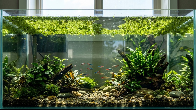 una capa de plantas flotantes verdes cubriendo la superficie de un acuario y proyectando sombra hacia el fondo