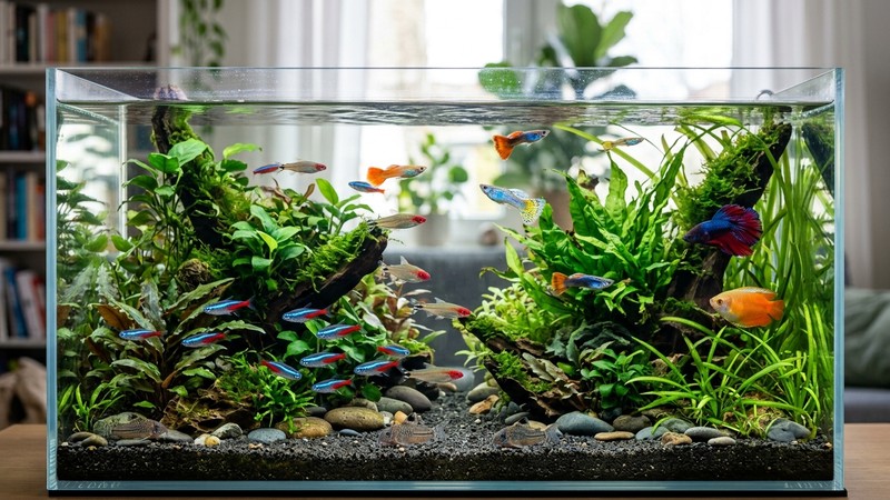 un acuario con el agua totalmente transparente y peces de colores vivos nadando claramente visibles entre las plantas
