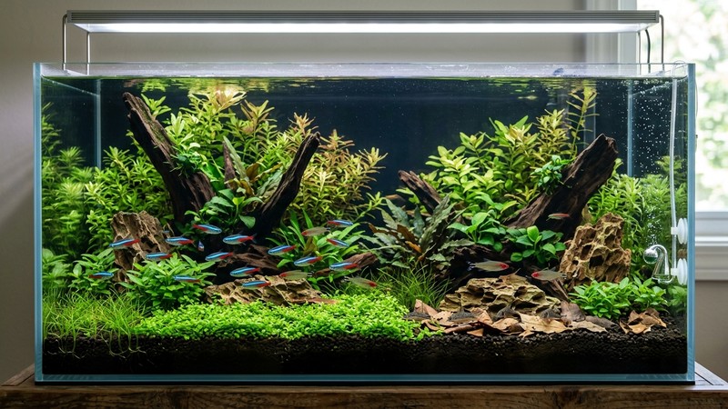 un acuario plantado sano y equilibrado, con agua cristalina, plantas verdes y peces vigorosos en primer plano