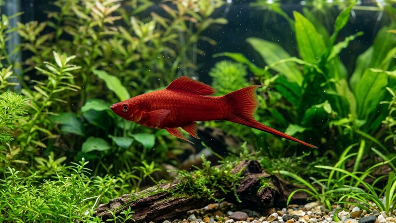 un pez cola de espada macho de color rojo intenso nadando en primer plano dentro de un acuario plantado, mostrando claramente la larga prolongación inferior de su aleta caudal en forma de sable, agua cristalina y plantas verdes al fondo