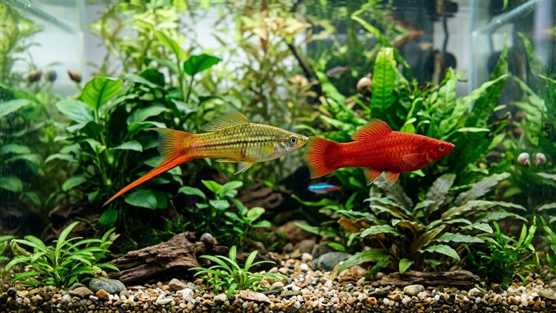 un pez cola de espada de coloración verde salvaje amarillo-verdosa junto a un ejemplar rojo, nadando entre plantas acuáticas en un acuario limpio de agua cristalina