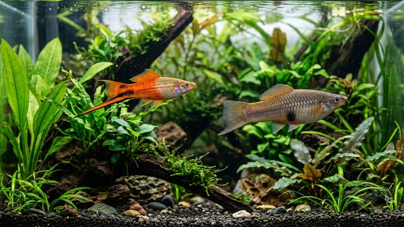 una pareja de peces cola de espada, un macho esbelto y colorido con su espada y una hembra más grande y robusta de color apagado, nadando cerca en un acuario plantado