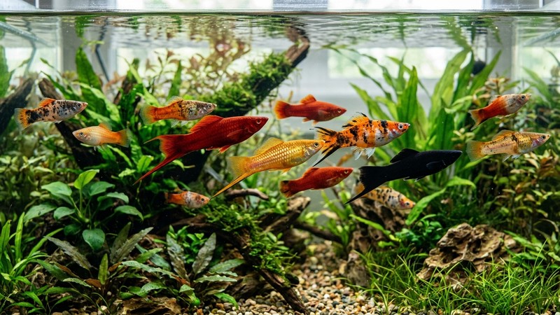 varios peces cola de espada de distintas variedades de color, rojo, naranja pineapple dorado, koi moteado y negro, nadando juntos en un acuario decorado con plantas y agua cristalina