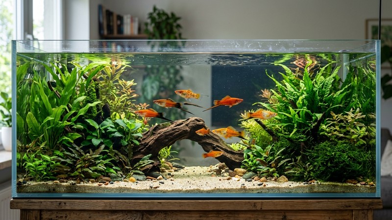 un acuario alargado y espacioso con la zona central despejada para nadar y plantas repartidas por los laterales, con varios peces cola de espada cruzándolo a lo largo