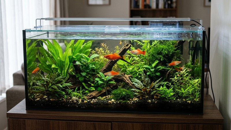 un acuario plantado bien cubierto con una tapa de cristal ajustada en la parte superior, mostrando el agua cristalina y peces cola de espada nadando en su interior