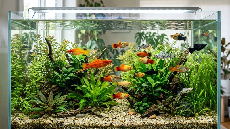 un acuario comunitario armónico con peces cola de espada nadando junto a platys y mollys de colores, entre plantas verdes y agua cristalina