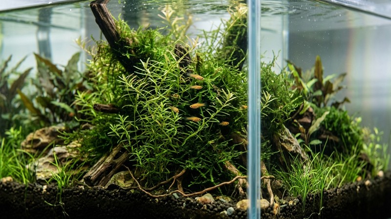 un rincón de acuario con plantas acuáticas densas de hoja fina y musgo verde formando un refugio, con pequeños alevines de pez cola de espada escondidos entre las hojas